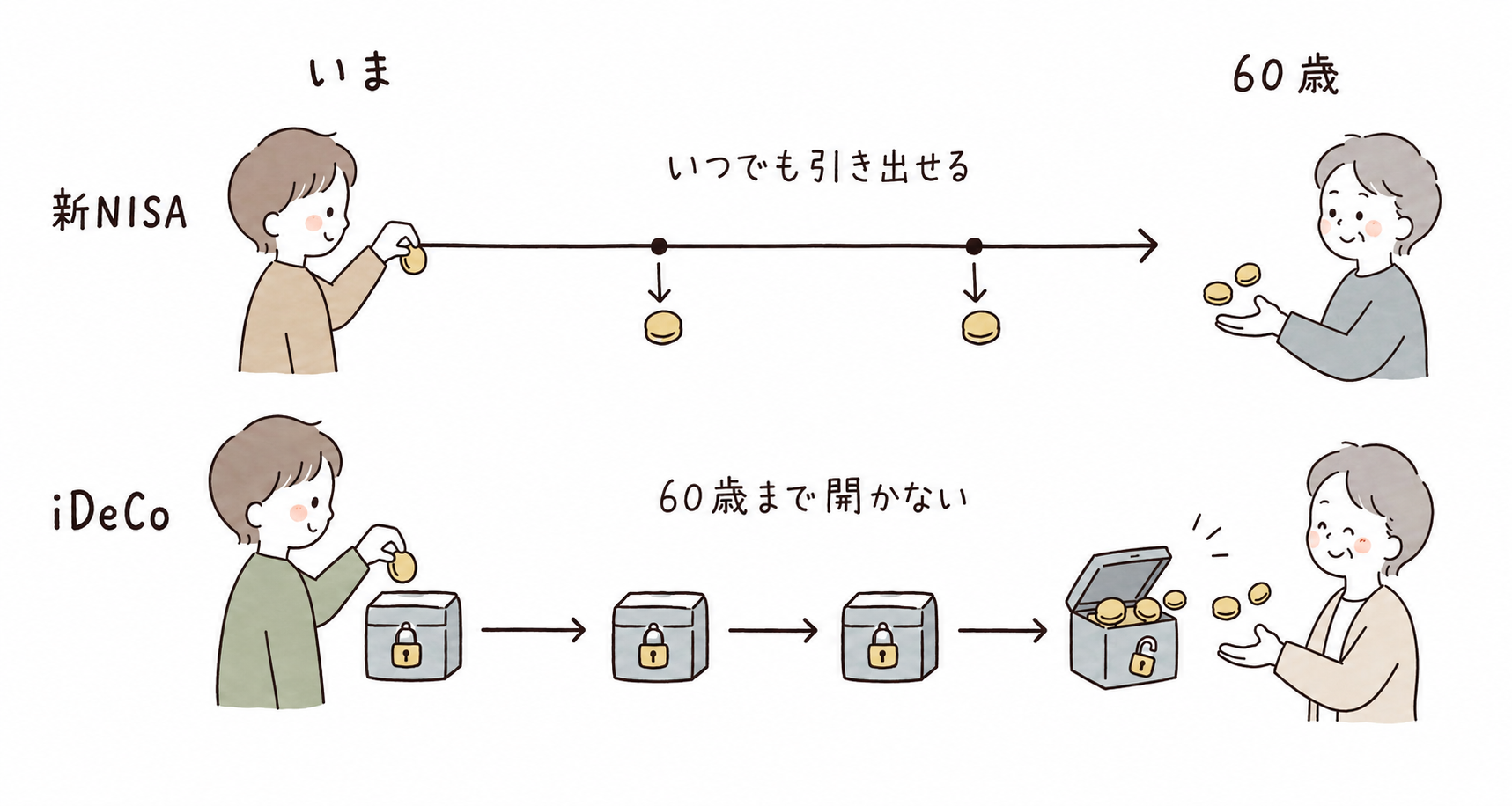 新NISAのお金はいつでも引き出せるが、iDeCoに入れたお金は原則60歳まで引き出せない