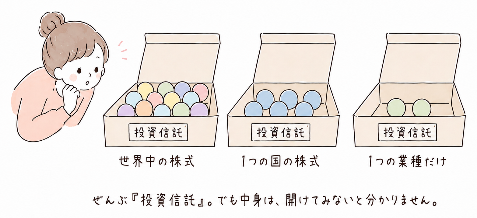 同じ「投資信託」という名前でも、中身は世界中の株式・1つの国の株式・1つの業種だけと大きく違い、開けてみないと分からない